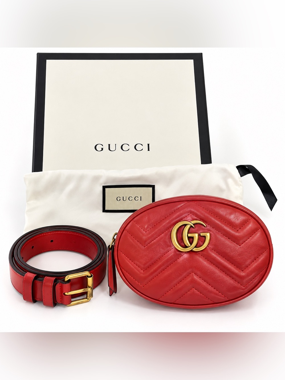 Authentic Gucci GG Marmont Matelassé Red Leather Belt Bag + Box & Dust Bag